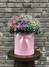 Цветочная композиция из Гипсофила и Розы в шляпной коробке в Цементном