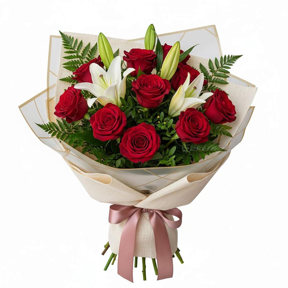 Букет цветов из: Лилии и Розы в Цементном