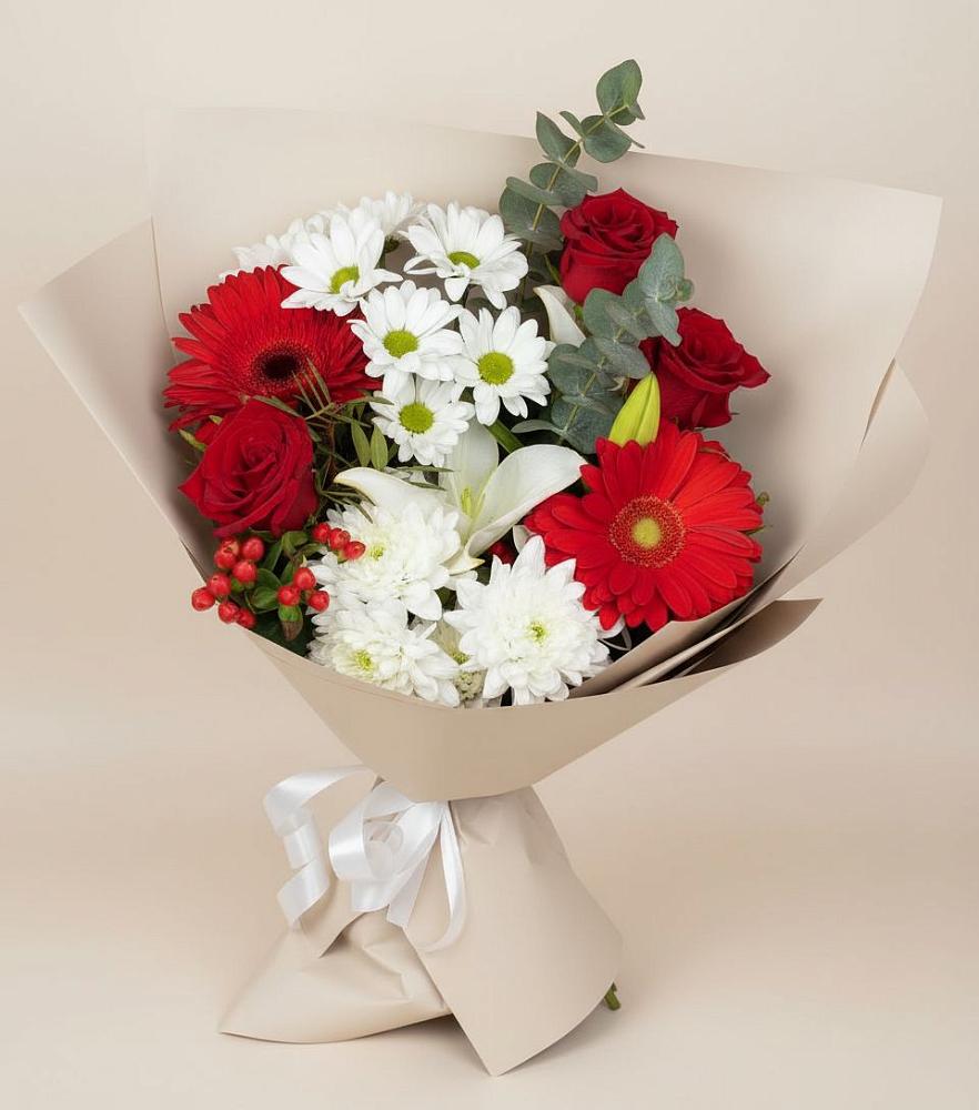 Букет цветов из: Розы, Хризантемы, Герберы и Лилии в Цементном