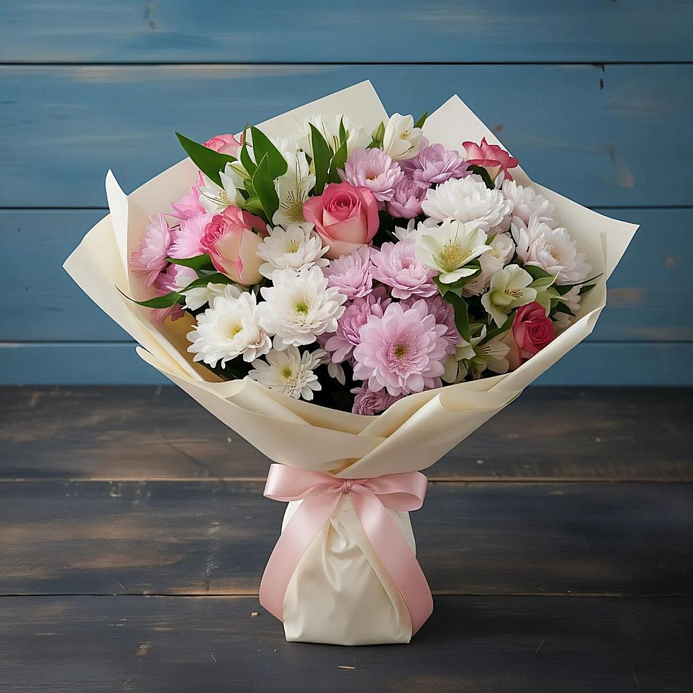 Букет цветов из: Хризантемы, Альстромерии и Розы в Цементном